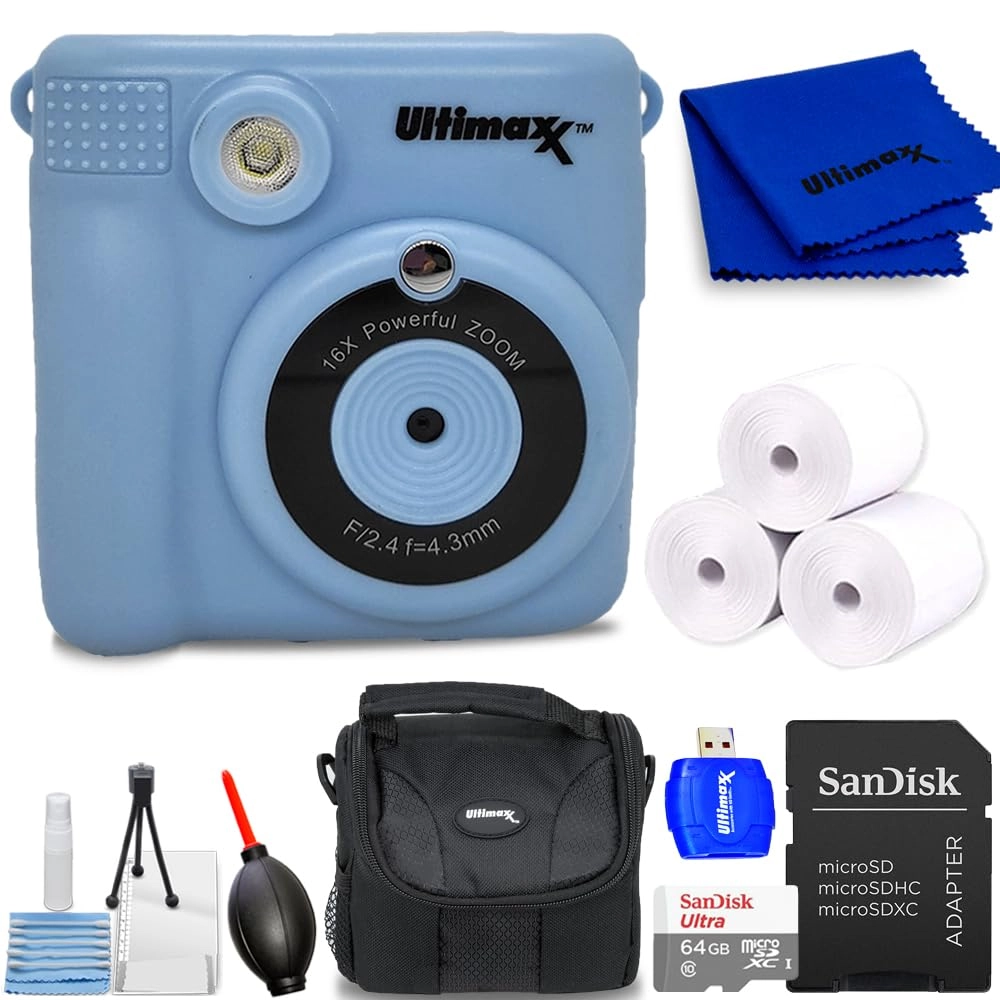 Pixel Hub Ultimaxx Instant Print Camera - 32GB Micro SD Blue + Printing Paper Rolls - 3 Rolls