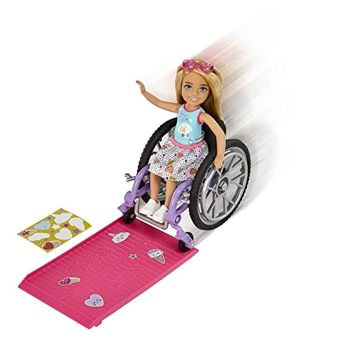 Chelsea Doll - Blonde Skirt Sunglasses + Wheelchair - Rolling Wheels + Ramp + Sticker Sheet Ages 3+