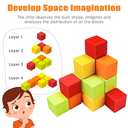 3D Space Wooden Building Block Cubes - 3 years and up 16 pieces