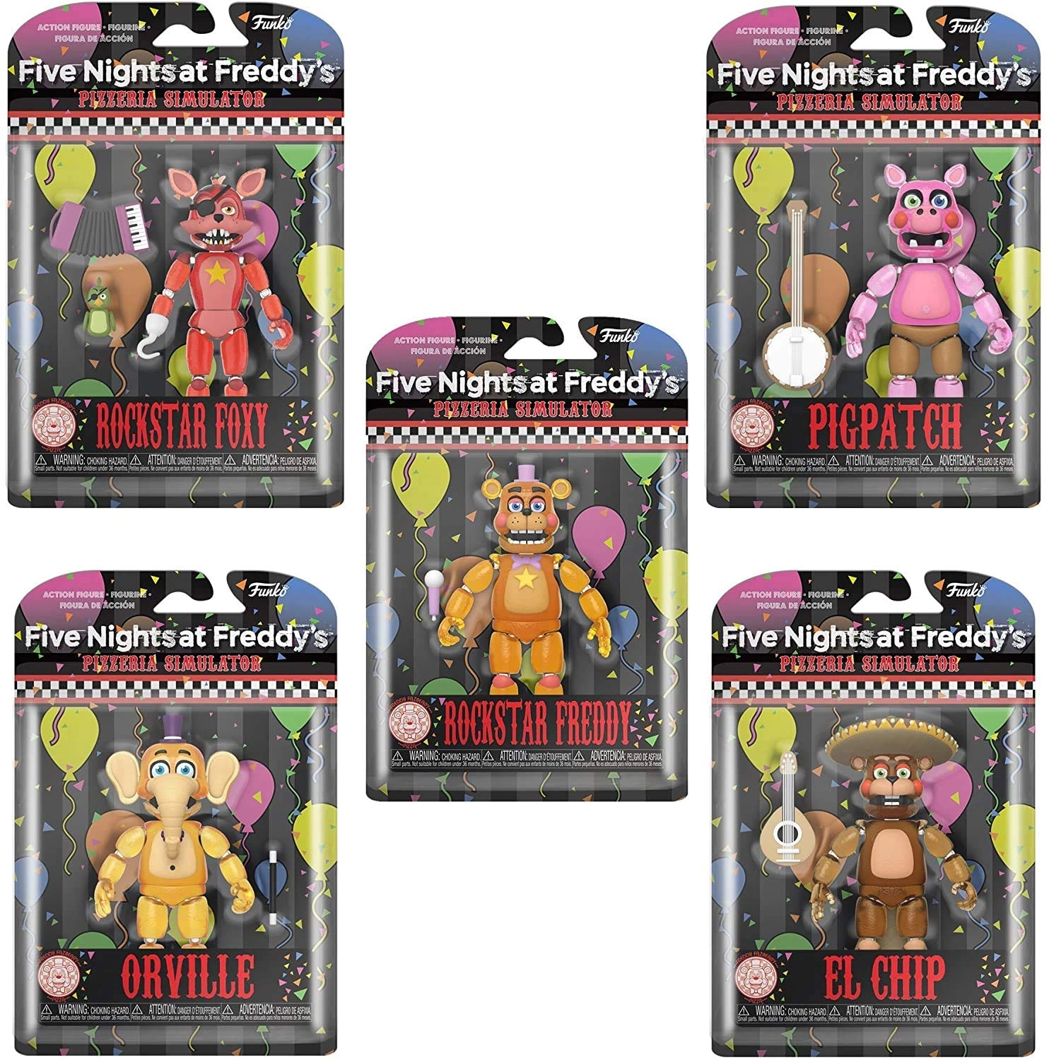 FUNKO Rockstar Freddy + Rockstar Foxy + Pigpatch + Orville Elephant + El Chip - Five Nights at Freddys Pizza Simulator - 5 pcs Ages 3+