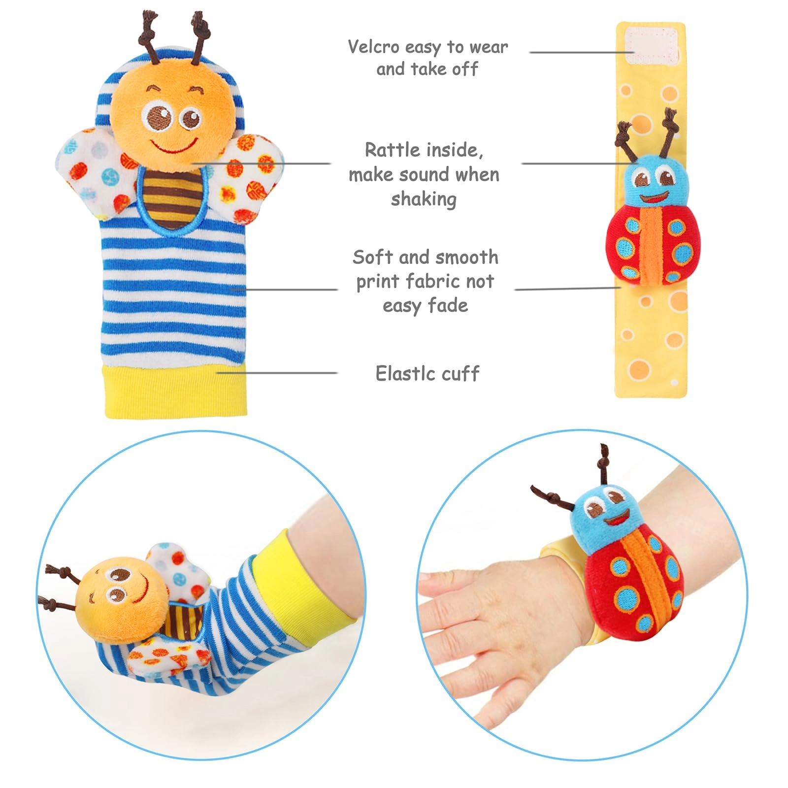 Wrist Rattle Socks and Foot Finder Set - 0-36 Months Fabric Bugs Cartoon Images 1.0 Count