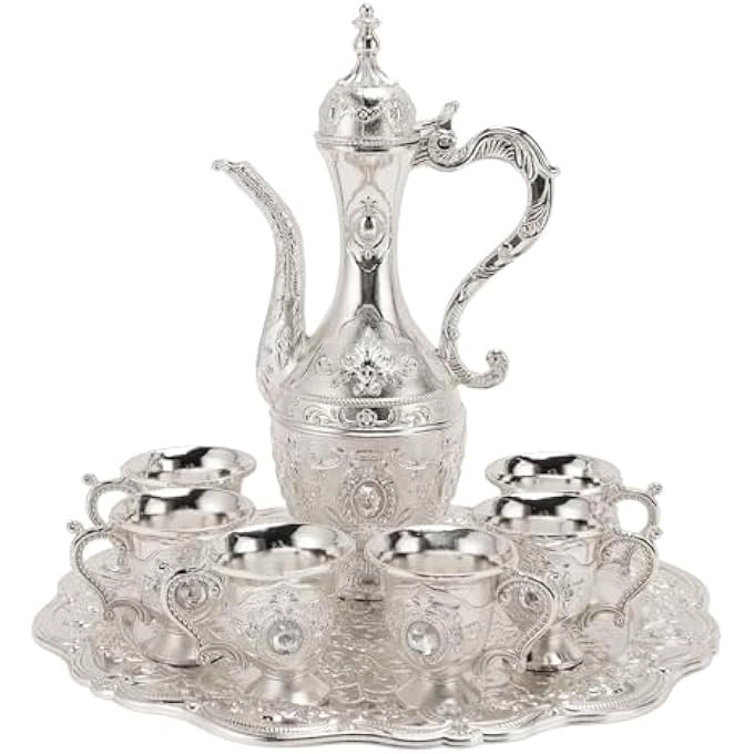 Cryfokt Turkish Coffee Pot Set - Alloy 6 Cups Silver