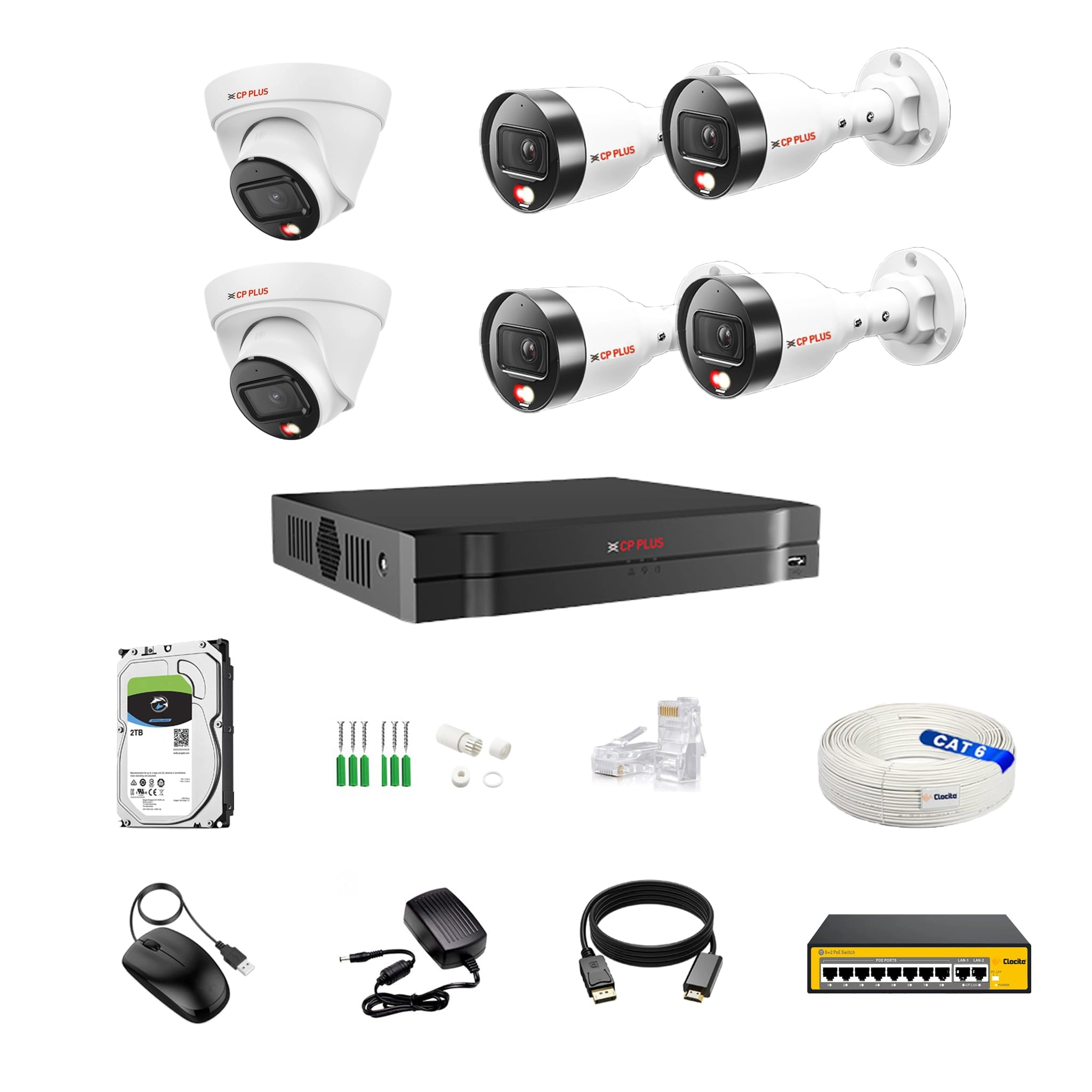 Aditya Infotech Ltd 8 CH AI NVR + 2MP Dome IP Camera + Bullet IP Camera + 2TB Hard Disk + 8+2 POE Switch + CAT6 Cable