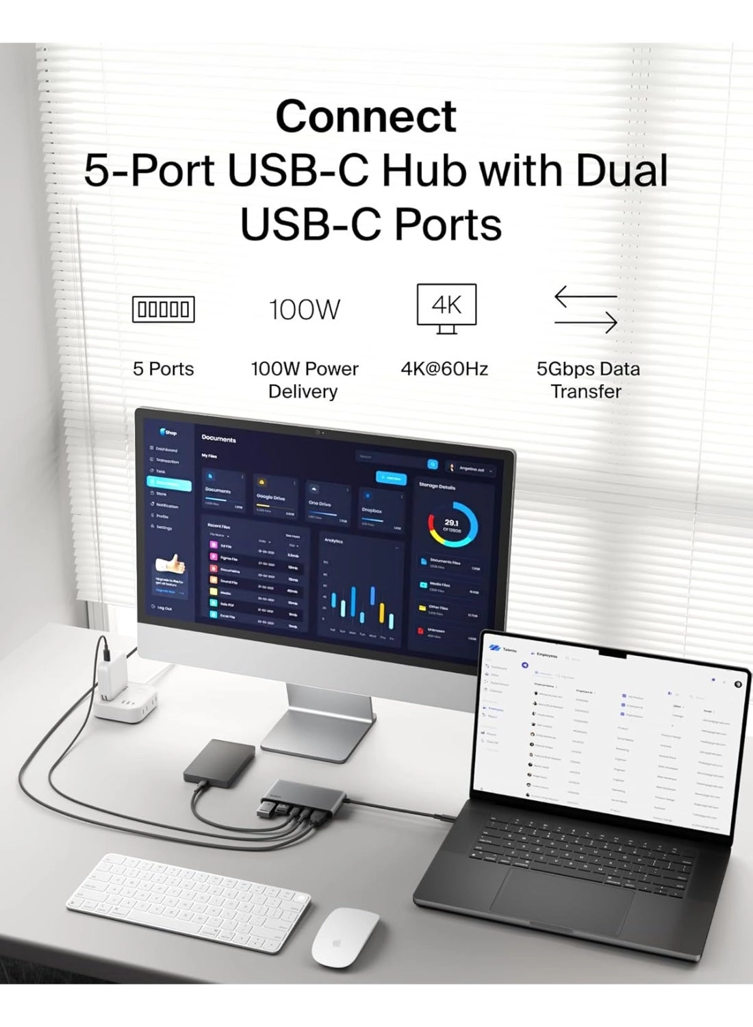 5-In-1 USB-C Multiport Hub Adapter - 4K 60Hz 100W PD