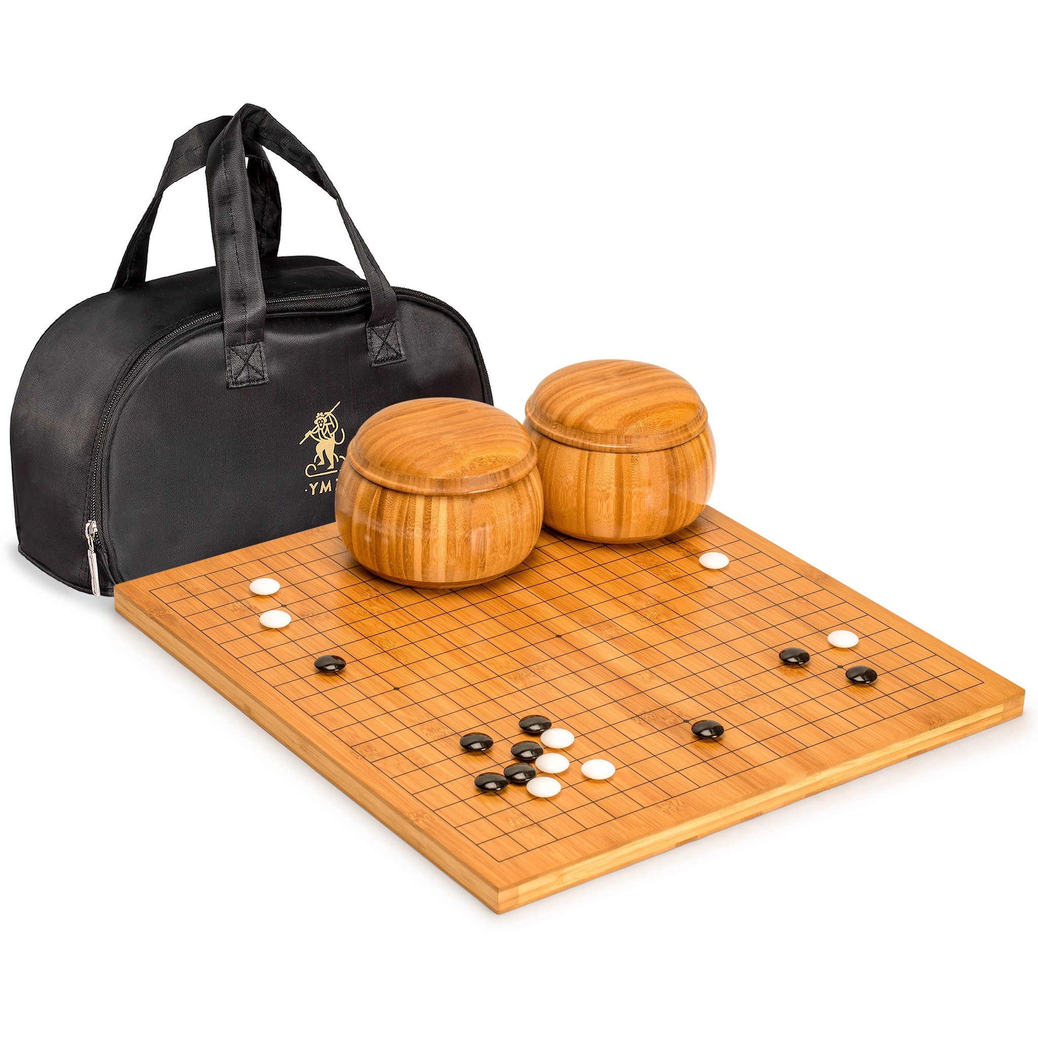 Go Game Set - Bamboo Go Board Double Convex Melamine Stones Bamboo Bowls