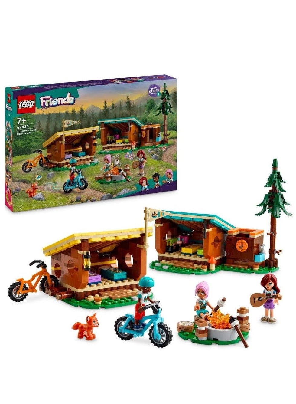 Friends Adventure Camp Cozy Cabins (42624) - 3 mini dolls fox 2 mountain bikes