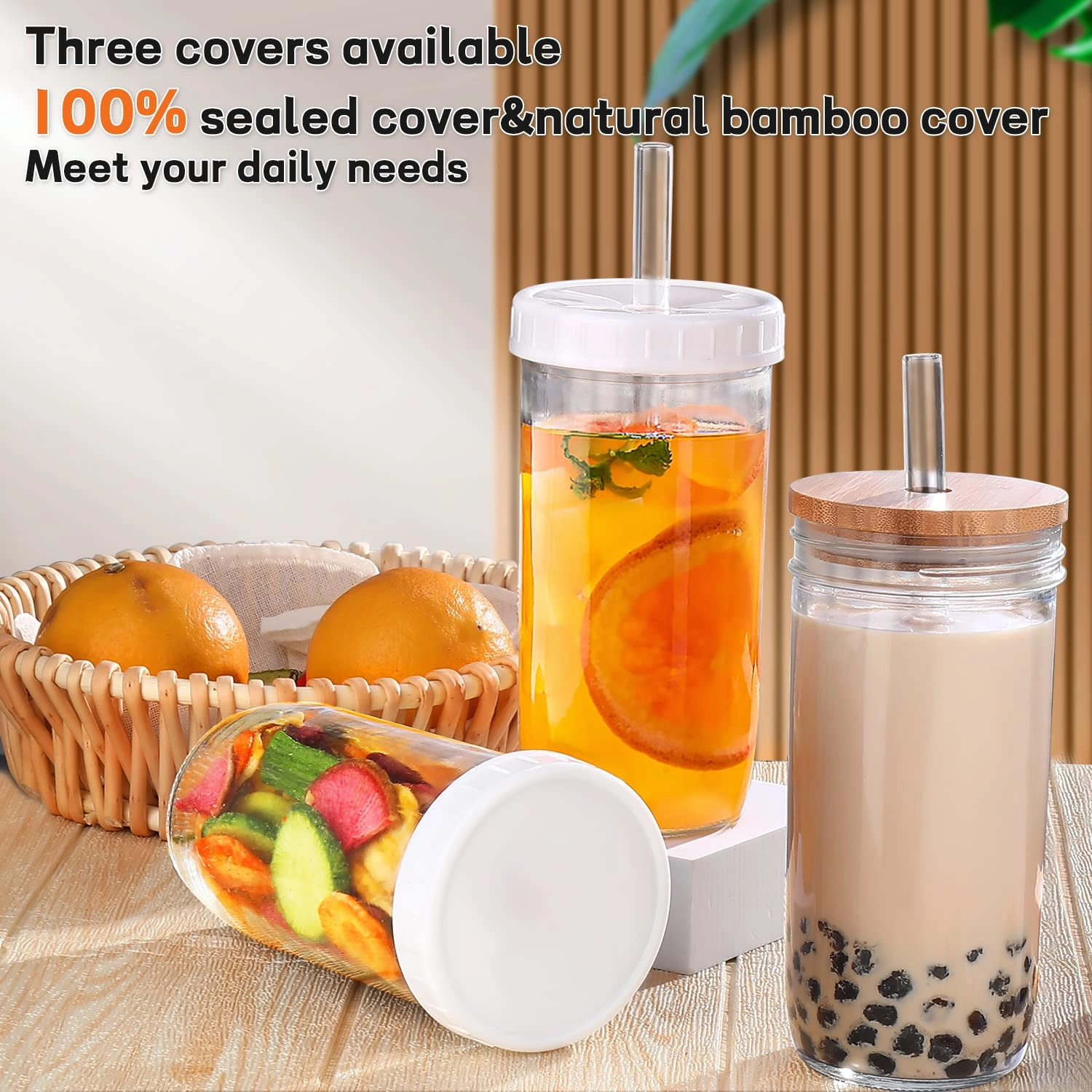 Glass Cup - 4 pcs with Lid and Straw