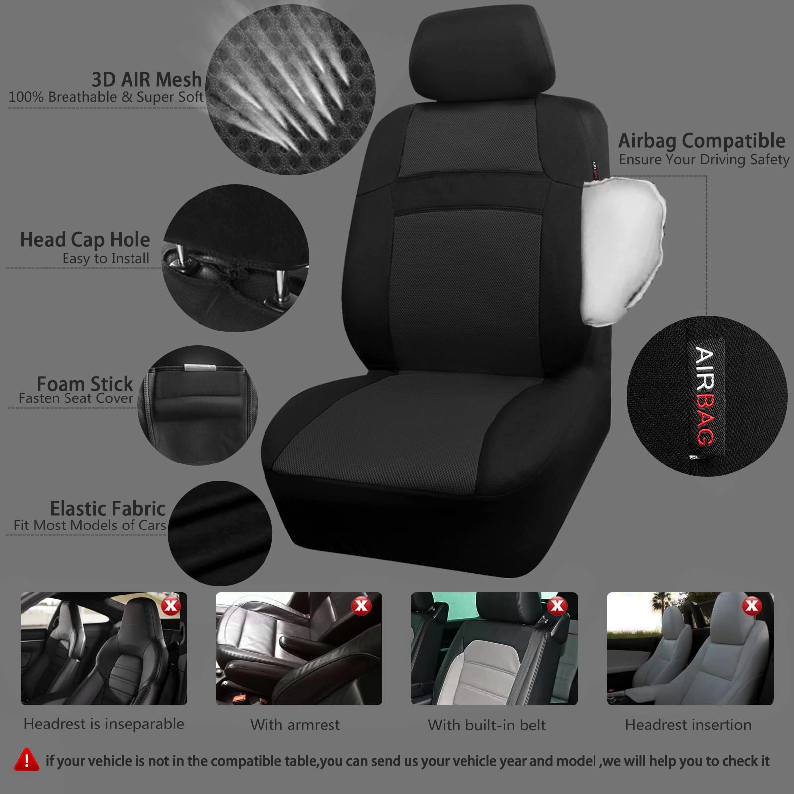 Car Seat Covers - Air Mesh Leather + Car Floor Mats - Waterproof + Steering Wheel Cover - Sporty