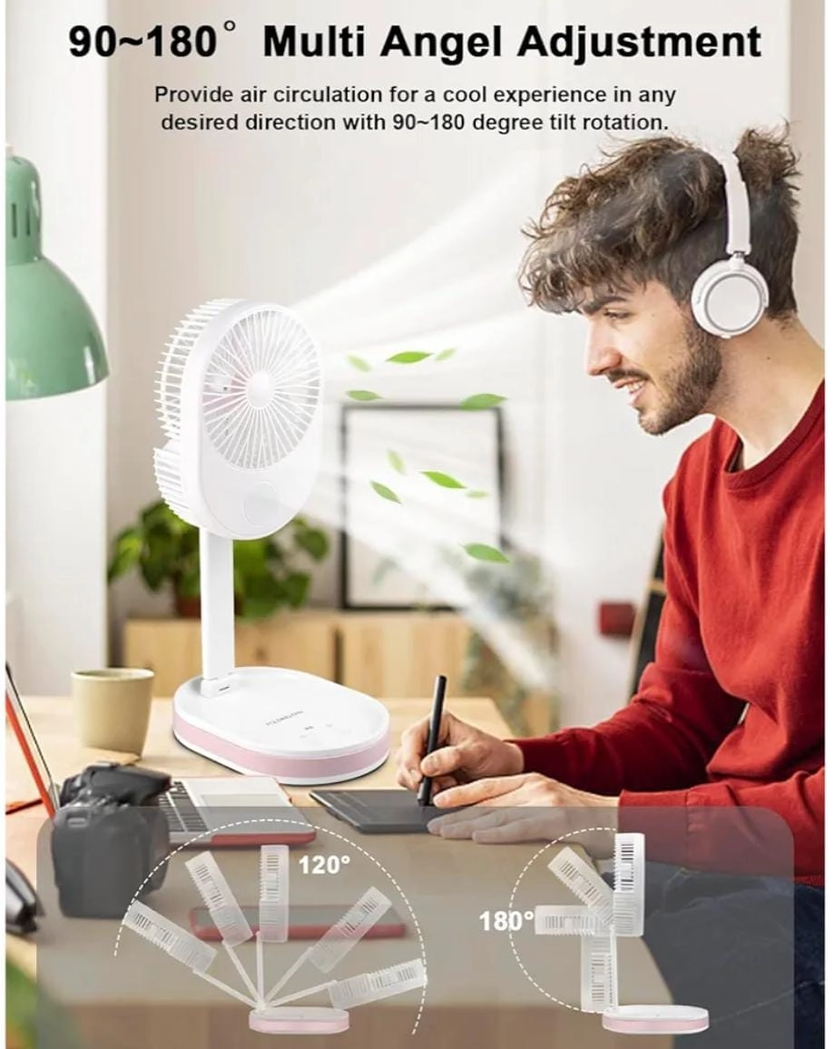 Portable Rechargeable Fan with LED Light - 3 Speed 8 Hours 180° Rotating