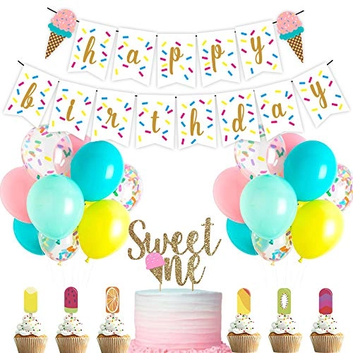 Shalofer Happy Birthday Banner - 5.4" x 7.6" + Latex Balloons - 12" 16 Pieces + Confetti Balloons - 12" 6 Pieces + Cake Toppers - 1 Piece + Cupcake Toppers - 24 Pieces