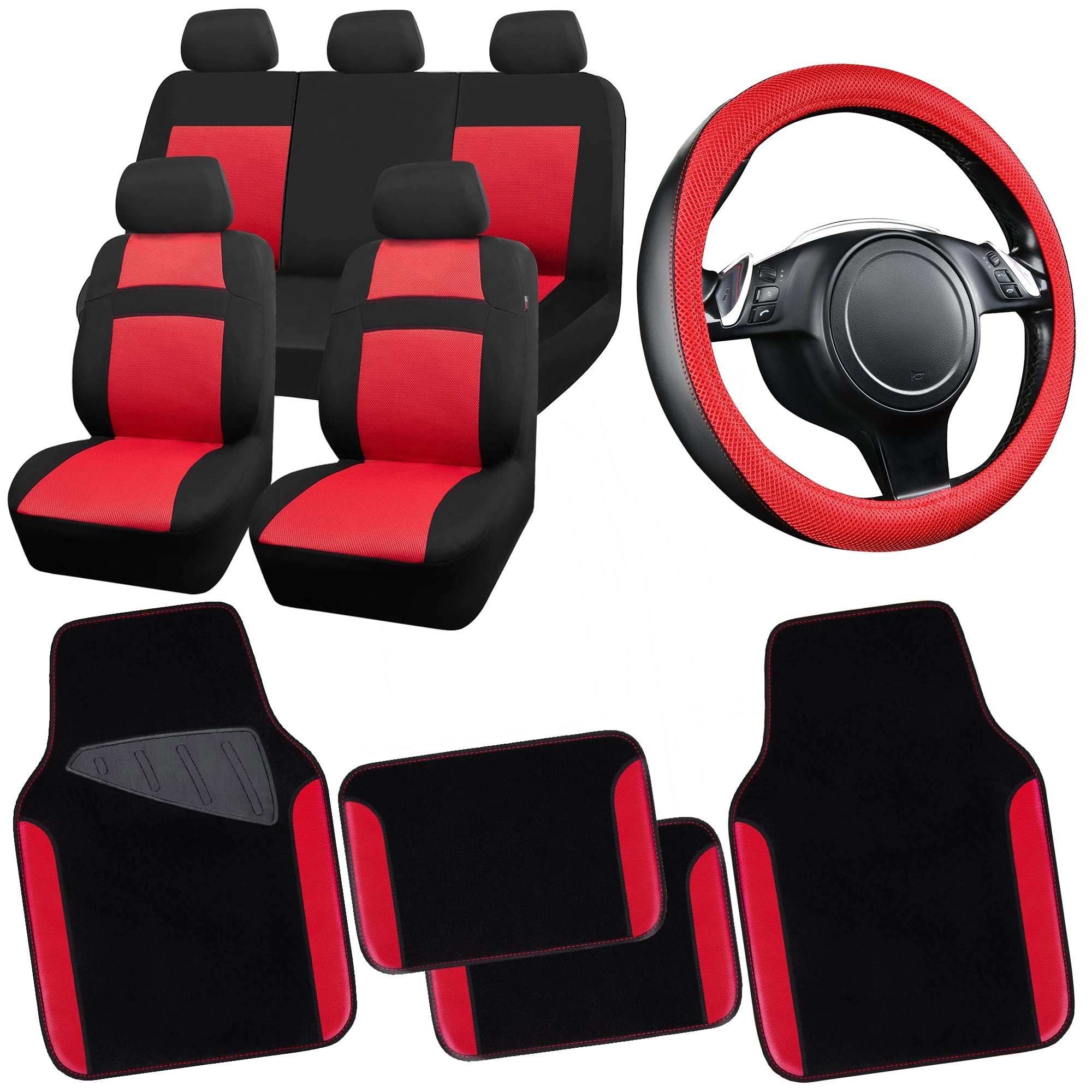 Car Seat Covers - Air Mesh Leather + Car Floor Mats - Waterproof + Steering Wheel Cover - Sporty