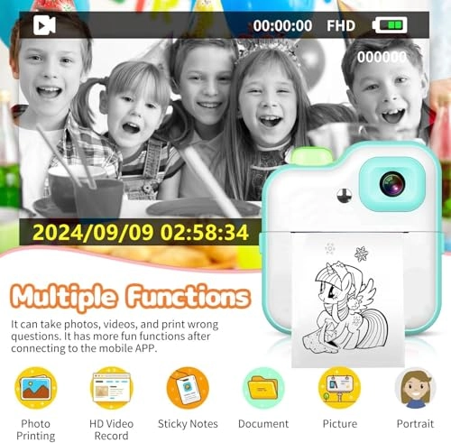 Kids Rechargeable Camera Instant Print - 1080P 2.4" LCD 32GB