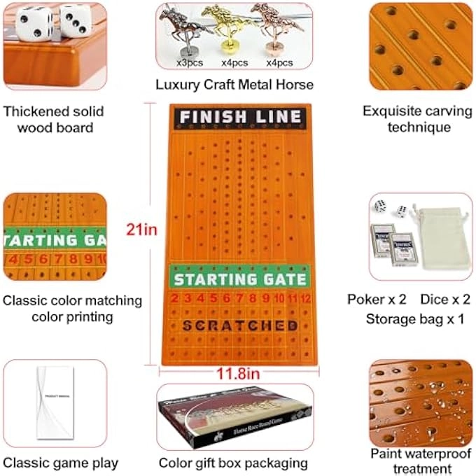 Horse Race Board Game - 11 Horses 4 Dice Solid Wood