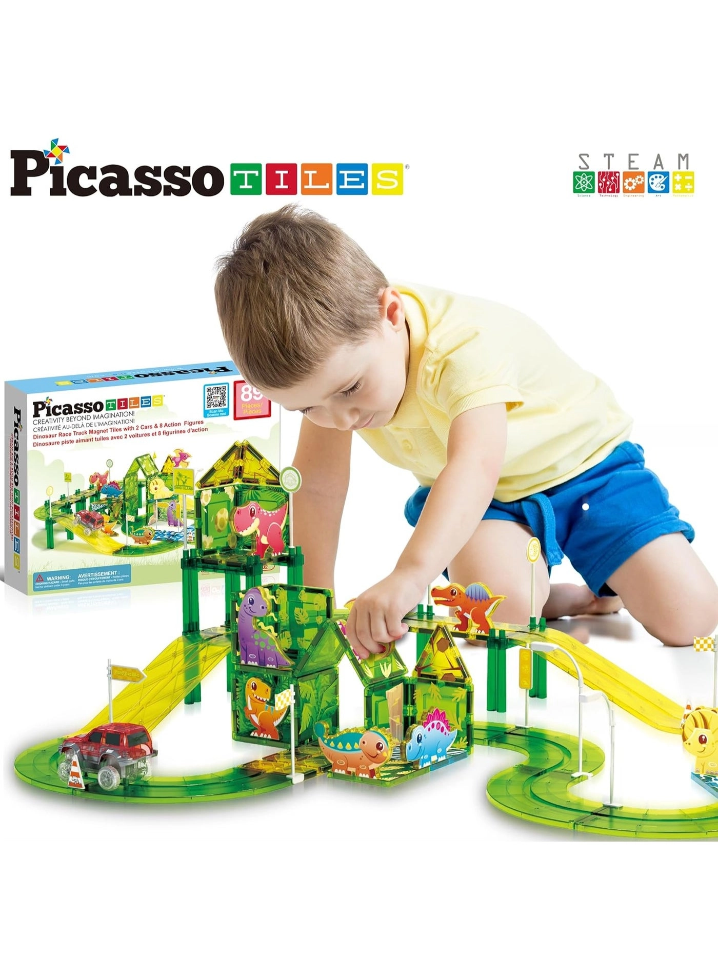 Dinosaur Magnetic Tile Race Car Track - 89 pcs