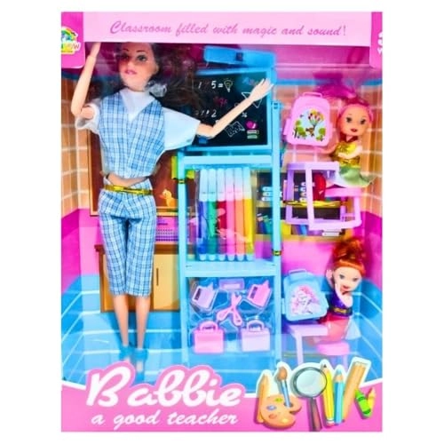 Teacher Doll - Folding Hands + Baby Dolls - 2 + Study Table - 2 + Study Board - 1 Ages 3+