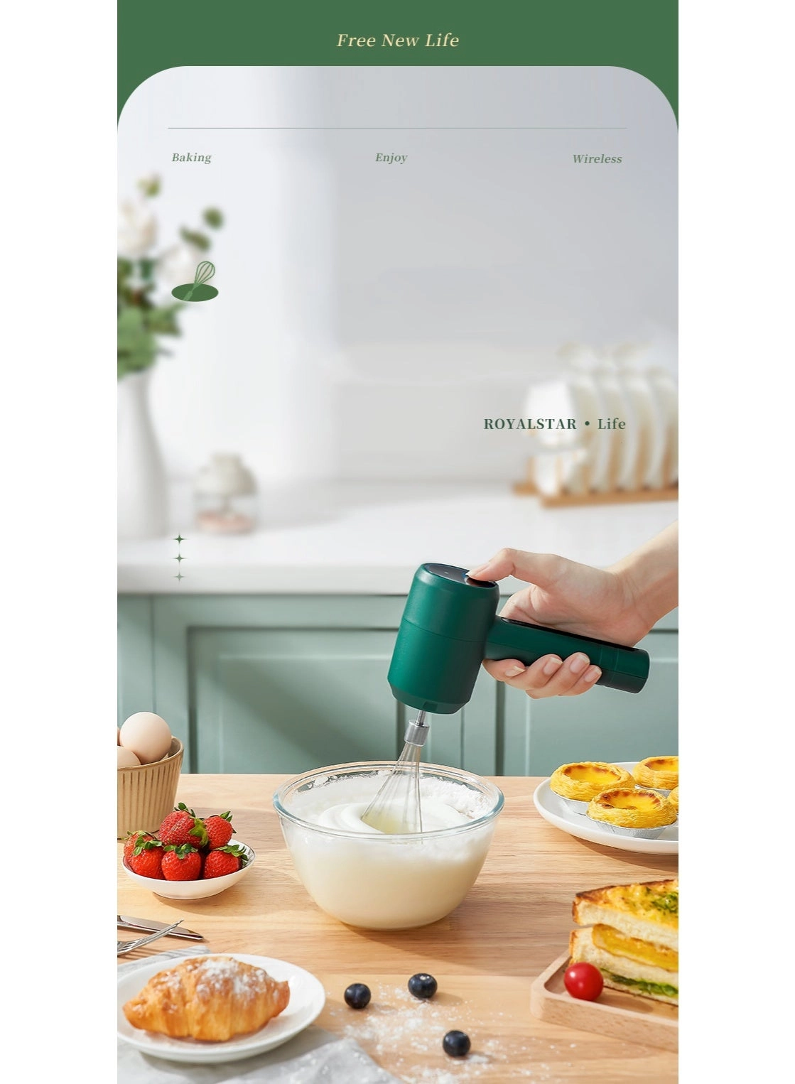 Cordless Handheld Electric Mixer - Rechargeable Green