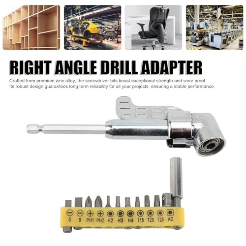 105 Degree Right Angle Drill Adapter - Zinc Alloy 12 Screwdriver Bits