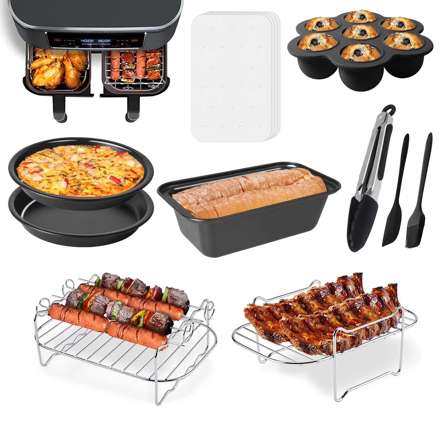 RHM Dual Basket Air Fryer Accessories - Stainless Steel + Food-grade Silicone Set of 10