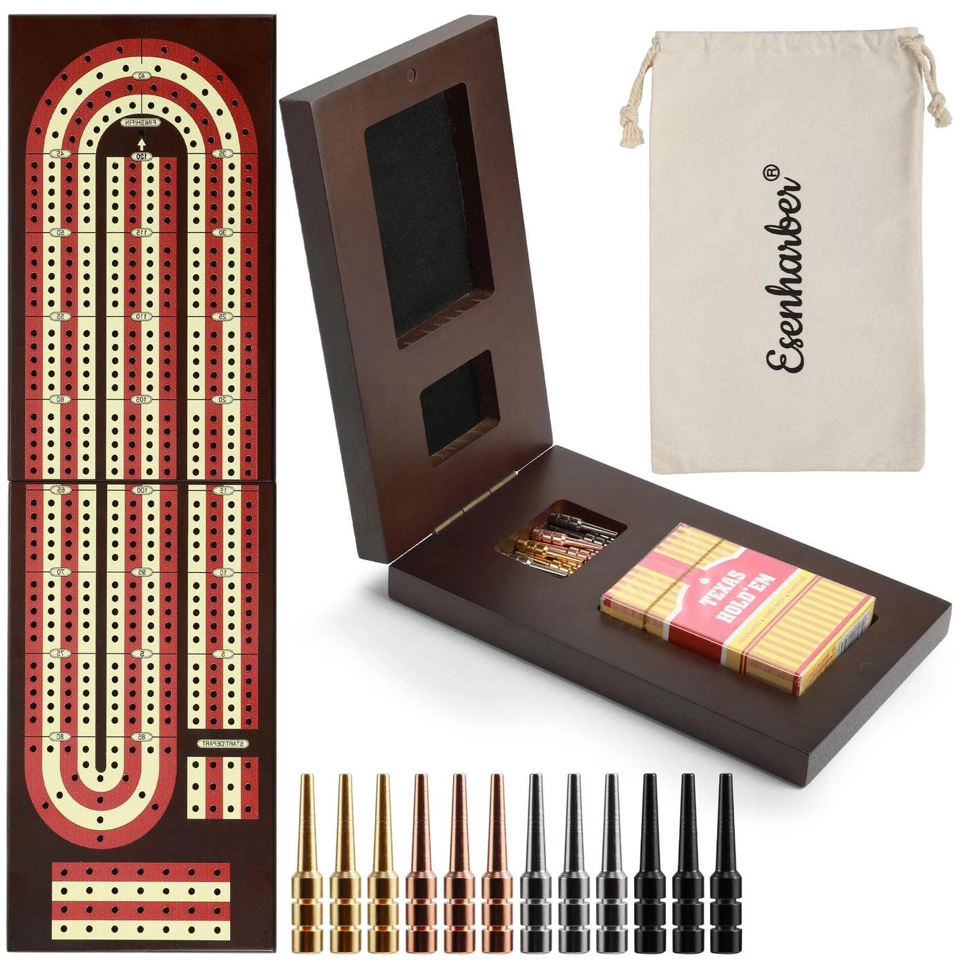 4Track Cribbage Board - Foldable Solid Wood 12 Brass Pegs