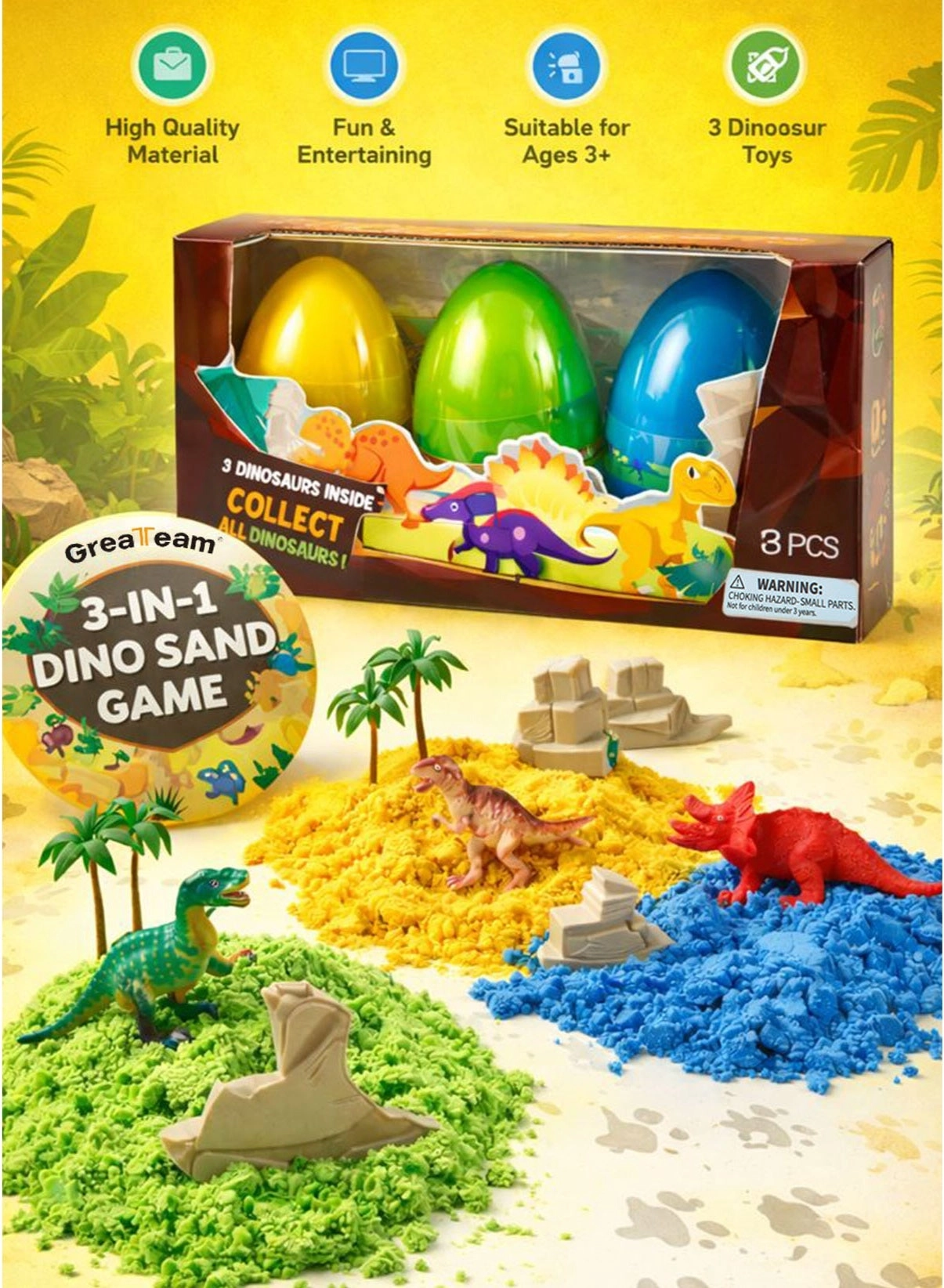 3-in-1 Dino Sand Game Moving Sand - 3 Dinosaur Egg Pots 178-180g
