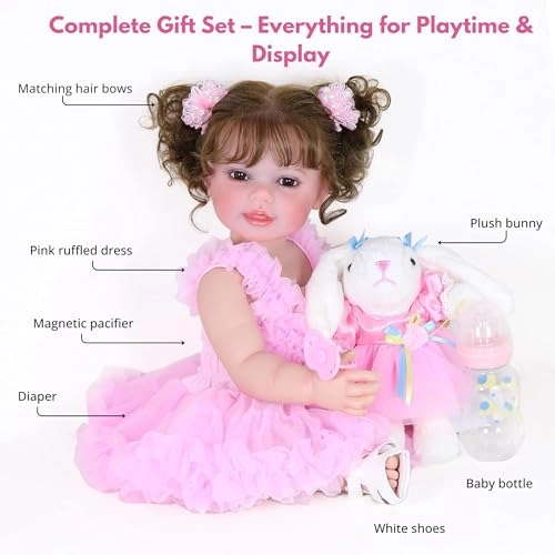 Reborn Toddler Doll - 22 inch Soft full vinyl Warm Medium skin tone Rooted Hair Pink princess outfit Ages 14+
