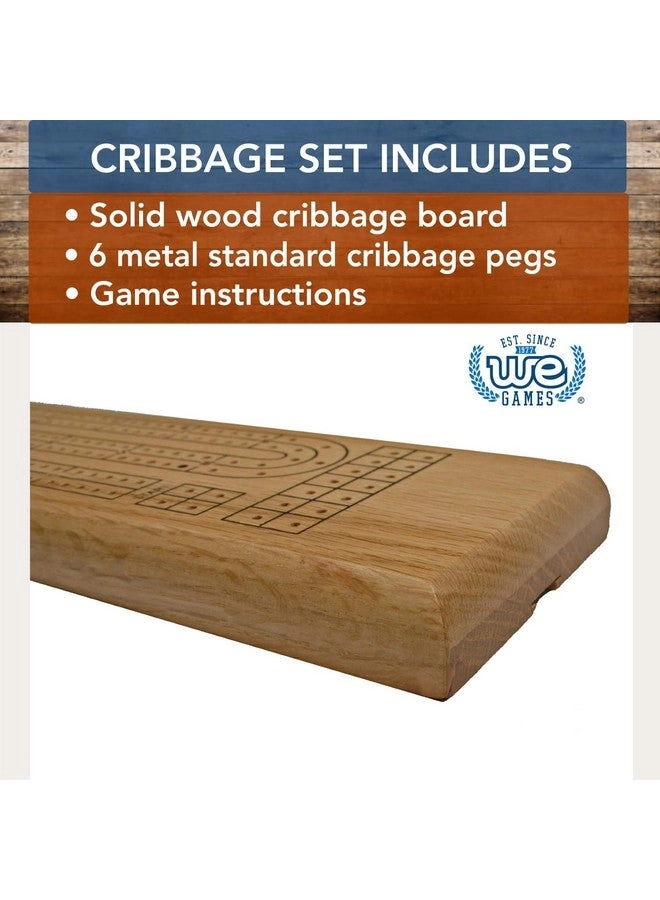 Classic Cribbage Set - Solid Oak Wood Continuous 2 Track Board with Metal Pegs