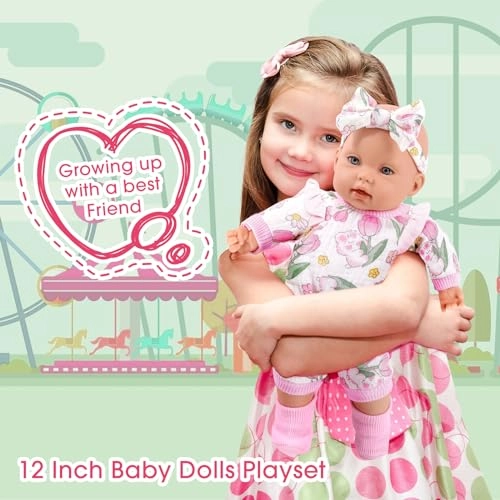 Reborn Baby Doll - 12 Inch + Baby Doll Clothes + Backpack Carrier - Pink Flower Pattern + Nipple + Feeding Bottle + Diaper Ages 3+
