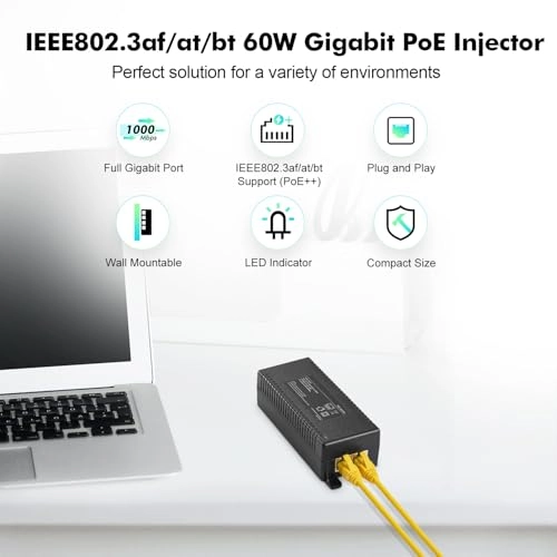 Gigabit PoE+ Injector - 2 Port 60W Ethernet 1000 Mbits
