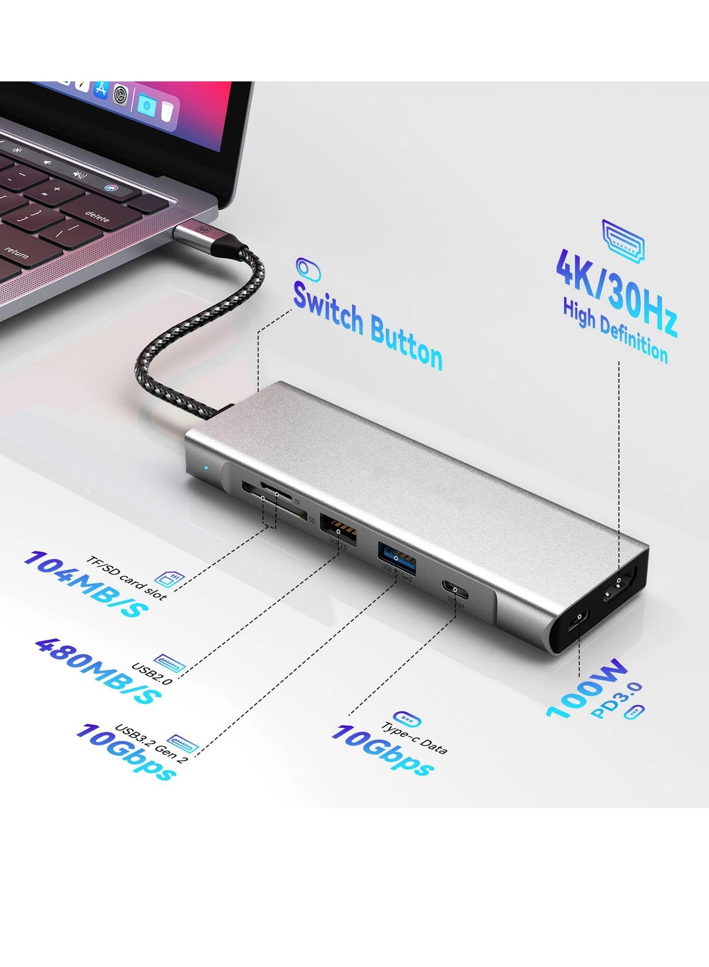 USB C Hub - 100W PD3.0 M.2 NVMe/SATA 10Gbps 4K@30Hz HDMI
