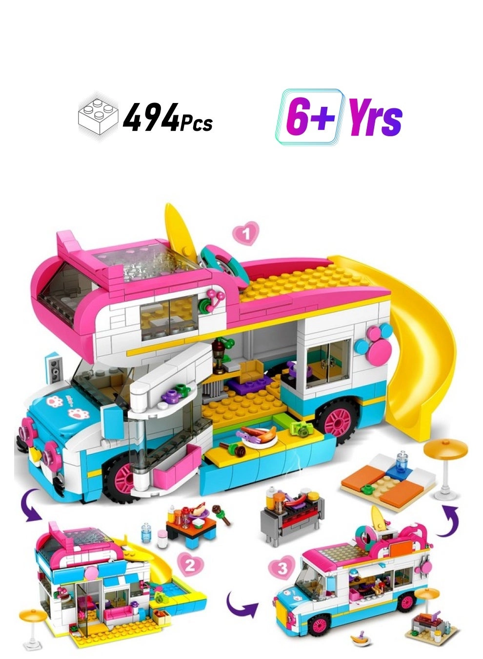 Hogokids 3-in-1 Girls Camper Van Building Set - Summer Beach Camping 494pcs