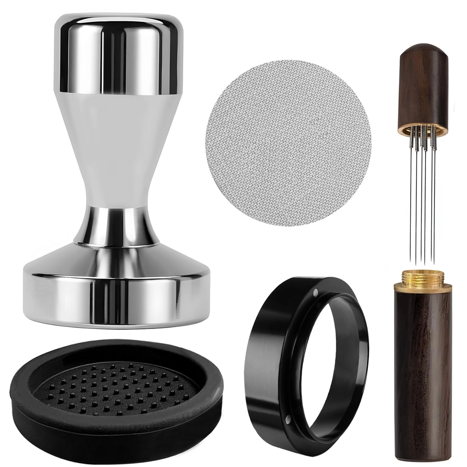 Espresso Tamper + WDT Tool + Espresso Dosing Funnel + Silicone Gel Tamper Mat + Espresso Accessories