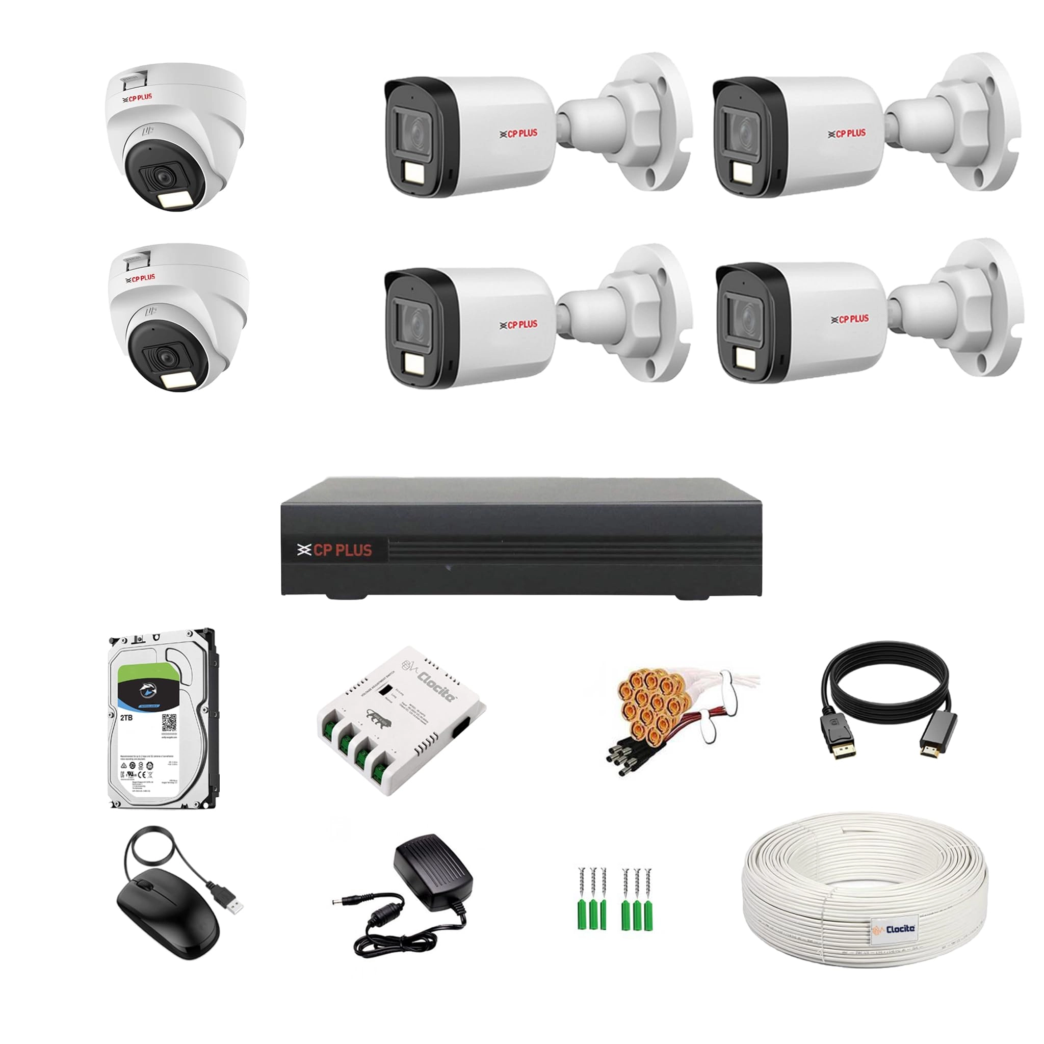 CP Plus 8 Channel DVR + 2.4MP Dome & Bullet Camera + 2TB HDD + CCTV Coaxial Cable Roll + 8 CH Power Supply + BNC & DC Connectors Kit