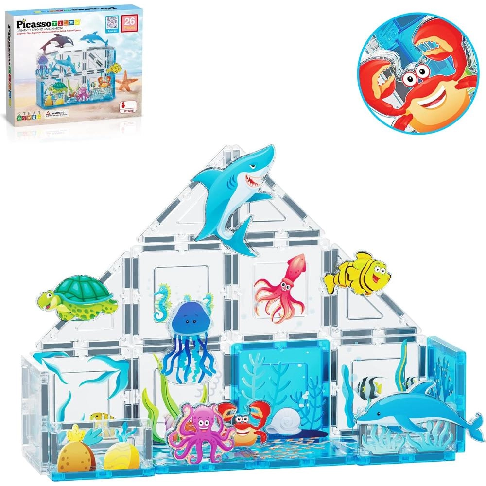 PicassoTiles Magnetic Tiles Building Toy Set - Aquarium Marine Animal (527-PTQ25)