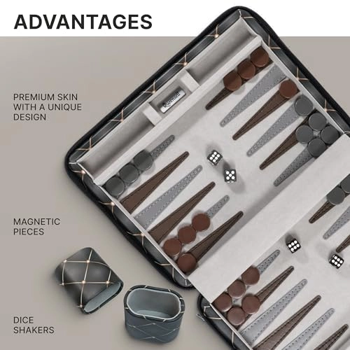 Magnetic Travel Backgammon Set - PU Leather 14" 32 Magnetic Pieces