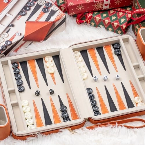 Backgammon Set - Foldable Leather Backgammon Case 30 Artificial Horn Checkers