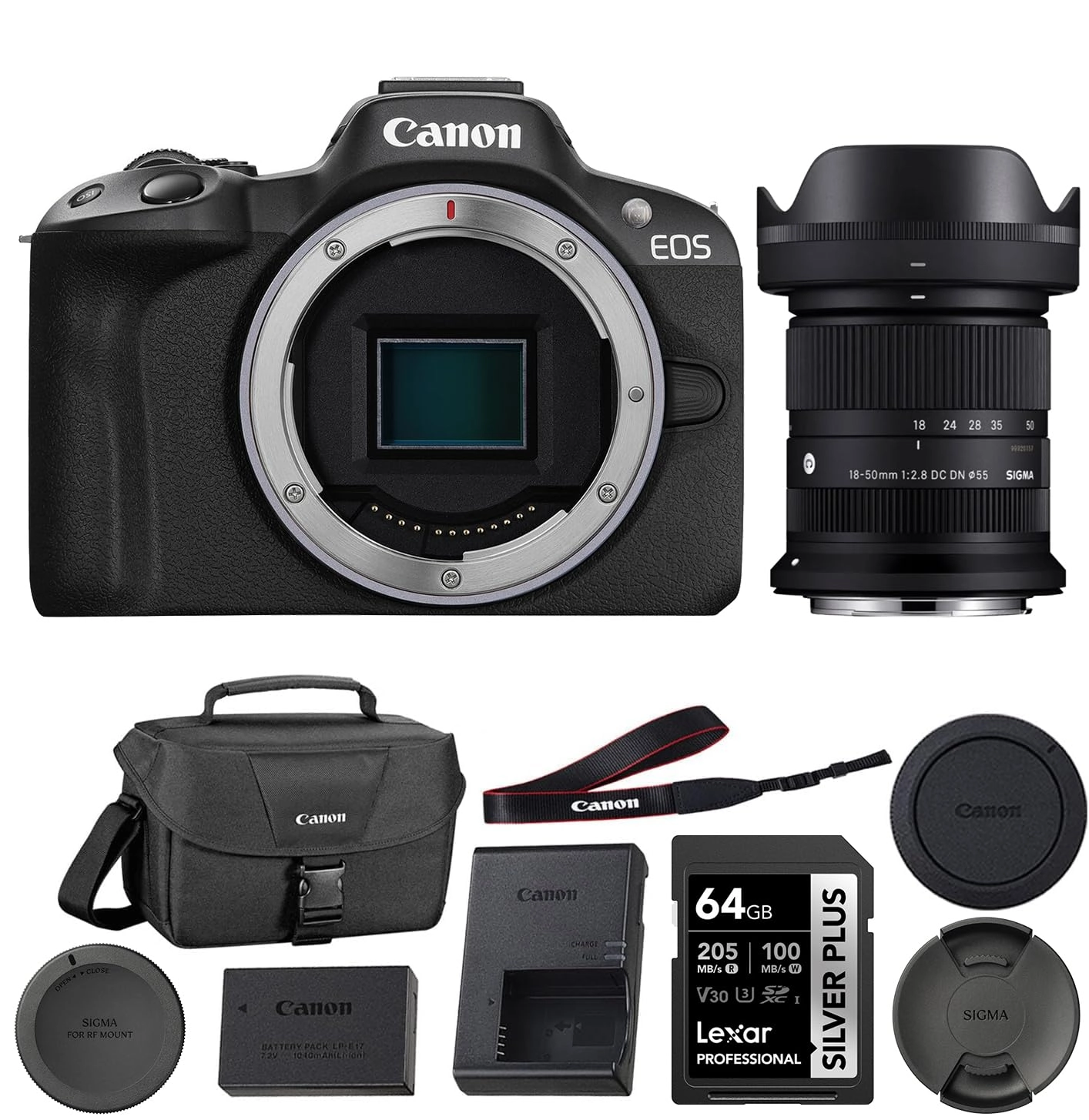 Canon EOS R50 + 18-50mm f/2.8 DC DN Contemporary + 64GB Memory Card + Camera Bag