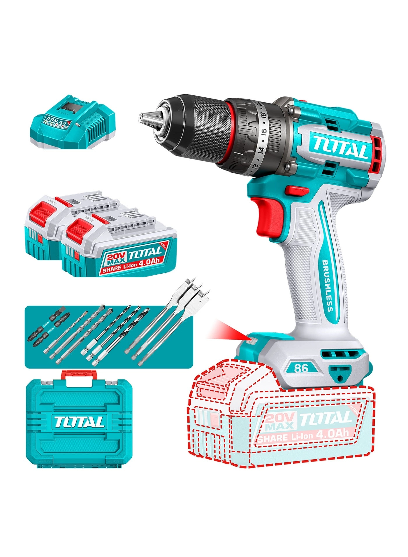 Total Brushless Cordless Impact Drill - 2x4.0Ah