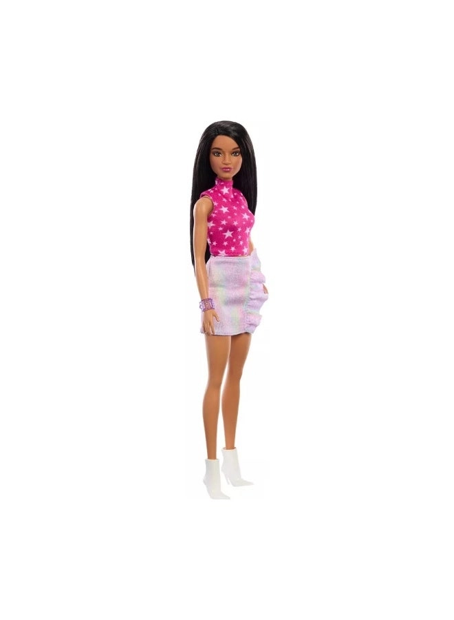 Barbie Fashionistas - Black Straight Hair Pink Star-Print Top Iridescent Skirt Ages 3+