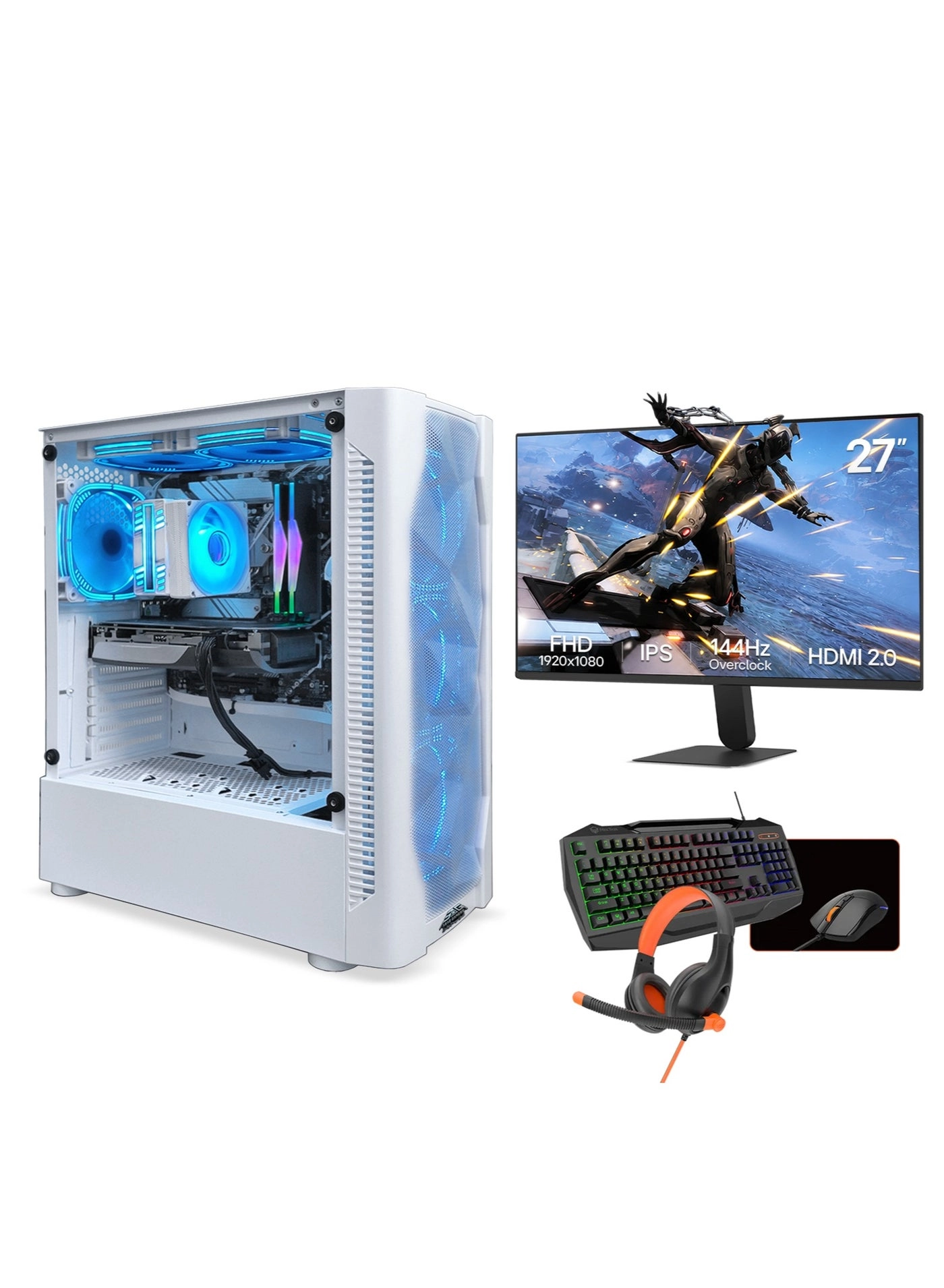 Arab Gamers Gaming PC - Intel Core i5-12400F 16GB 1TB NVMe SSD + 27" FHD 144Hz Monitor + Gaming Keyboard + Mouse + Headset + Windows 11 Pro
