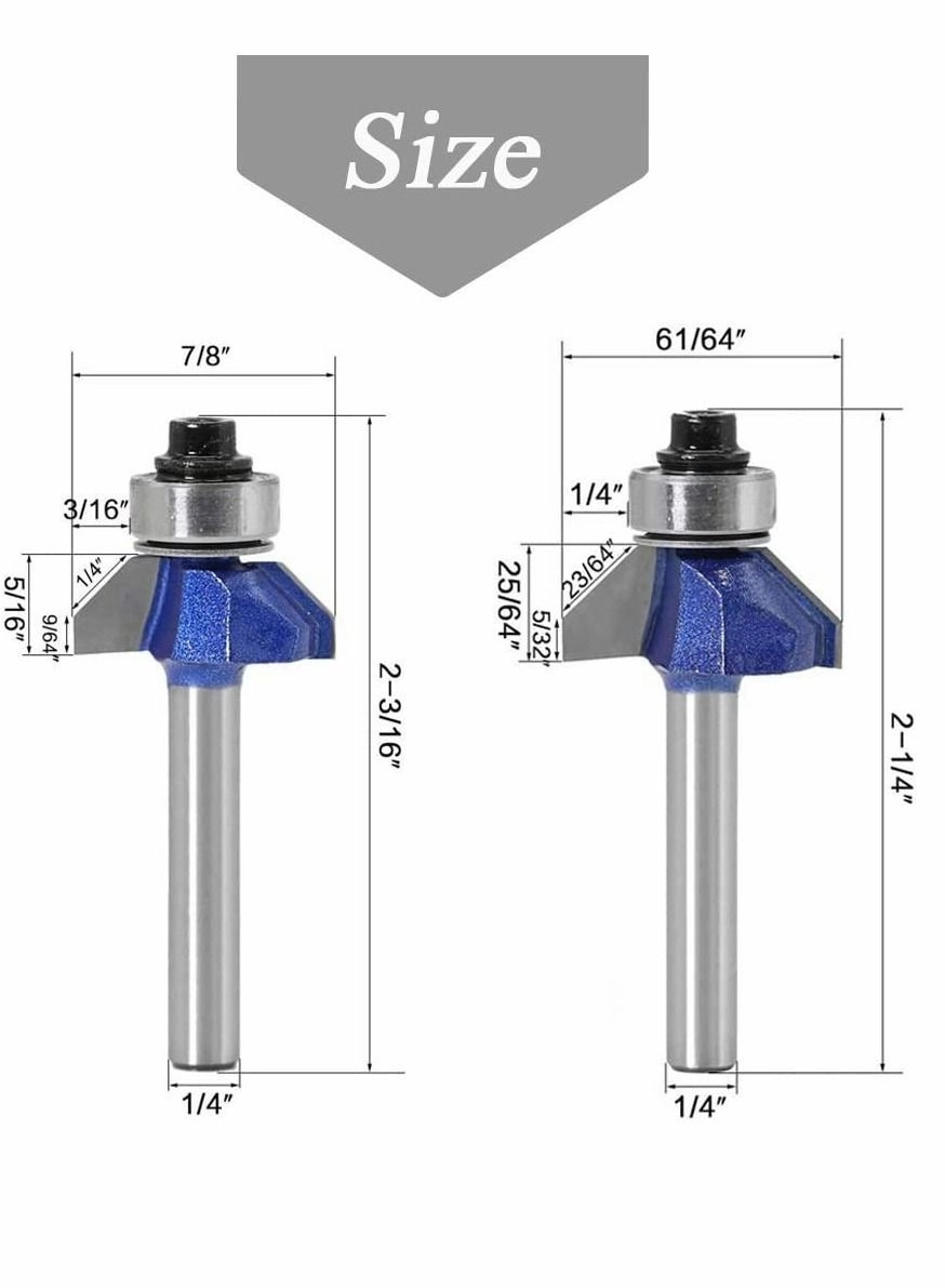 45 Degree Chamfer Router Bit Set - 3/8" 5/16" 1/4" 1/2" 1/4" Shank