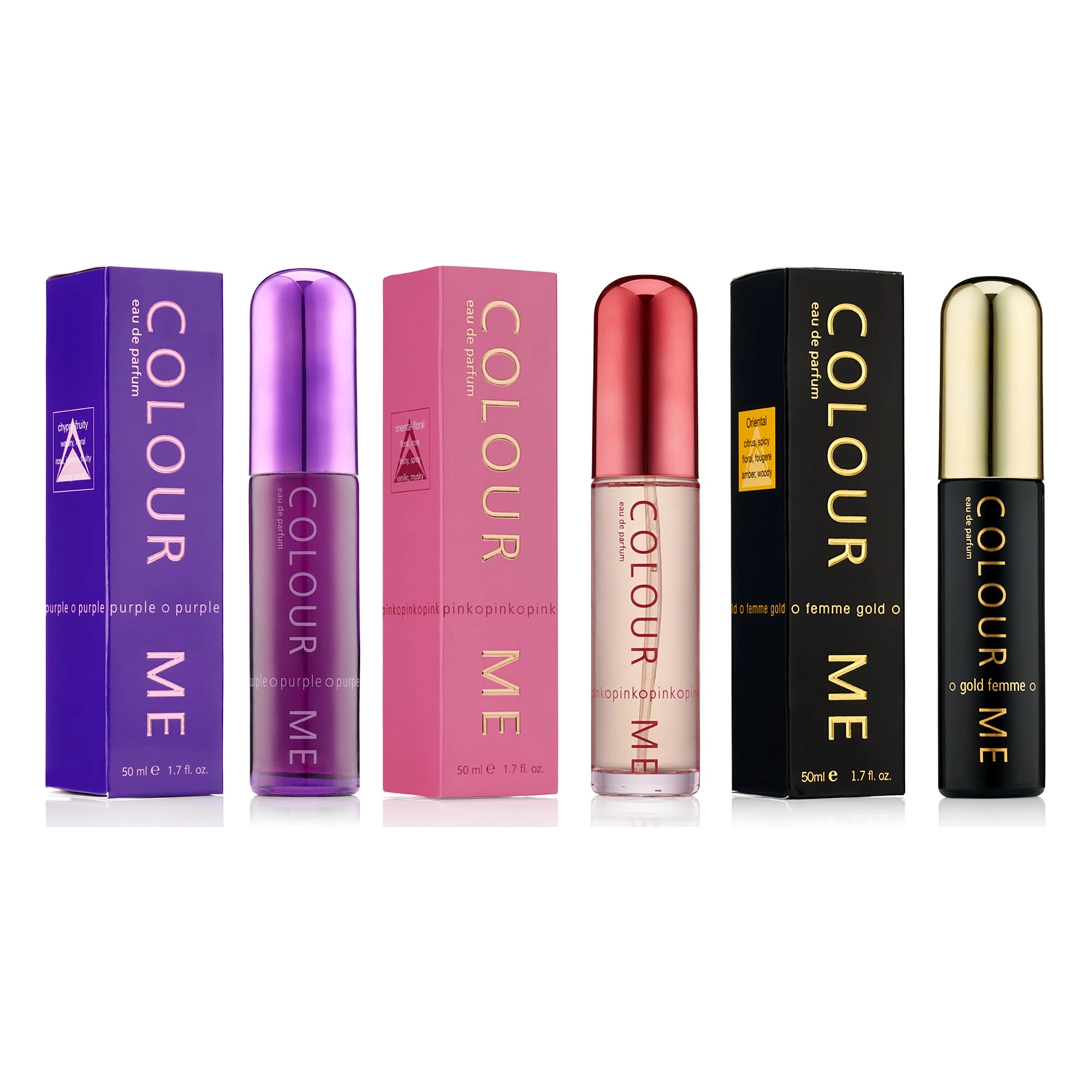 Milton-Lloyd Ltd Pink - 50ml Eau de Parfum + Purple - 50ml Eau de Parfum + Gold Femme - 50ml Eau de Parfum