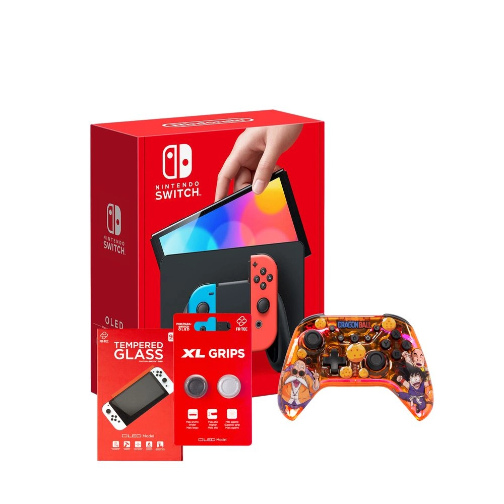 Nintendo Switch OLED - 64GB + Dragon Ball Kame Gamepad - Wired + Switch OLED Screen Protector - Tempered Glass + Switch OLED Grips - XL