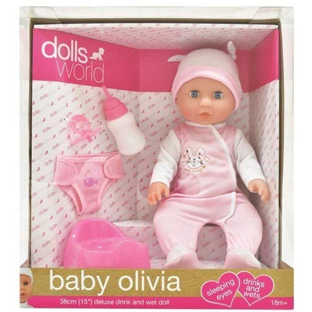 Peterkin Baby Olivia Doll - 38 cm Drink & Wet Sleeping Eyes Ages 18+