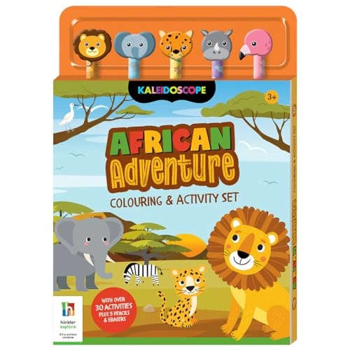 African Adventure - Colouring & Activity Set - 64-page coloring and activity pad, five animal-shaped erasers, four colored pencils and one graphite pencil | Box Set