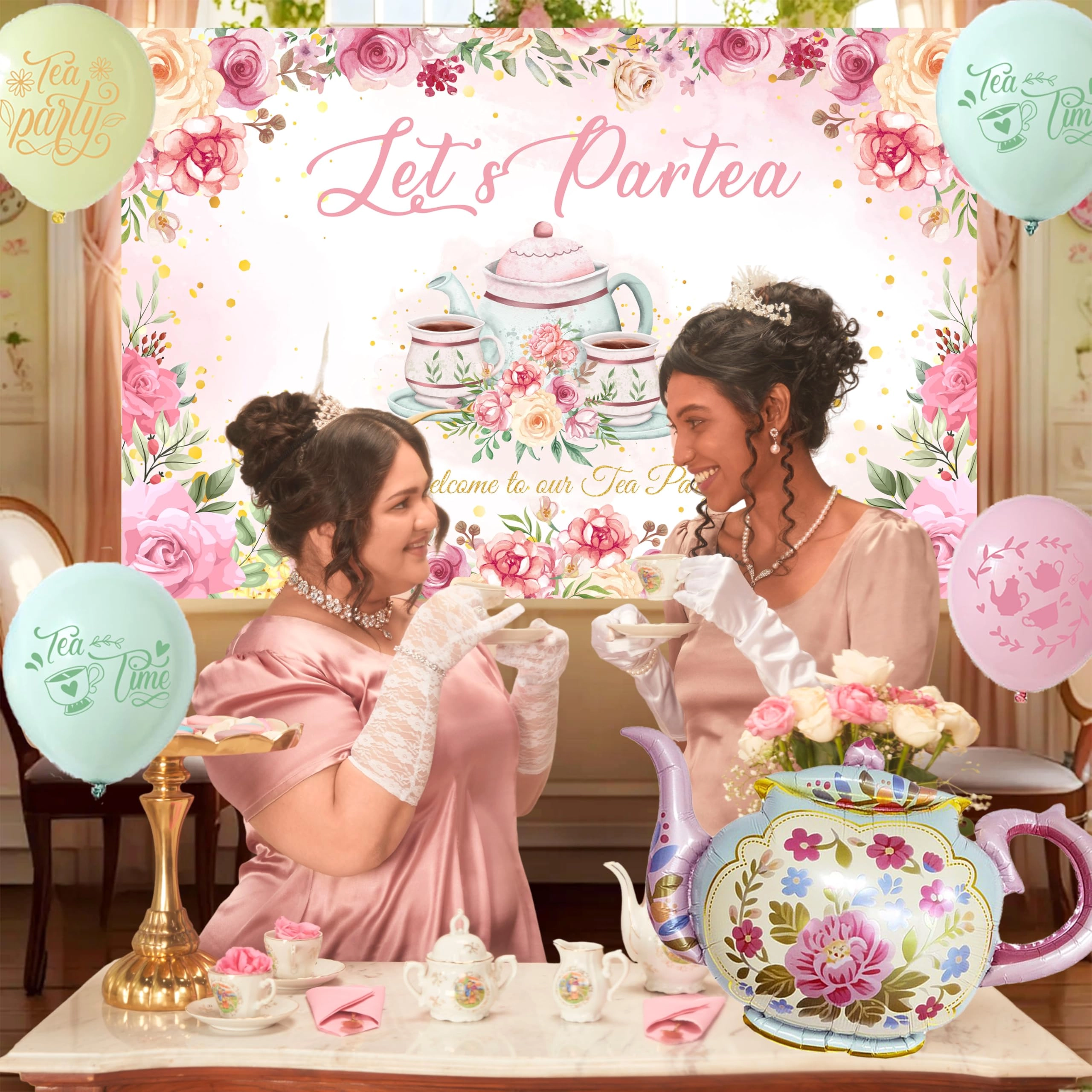 Tea Party Decorations - 1 “Let’s Partea” backdrop 1 teapot foil balloon 1 teacup banner 1 floral teapot tablecloth 18 pastel balloons Birthday