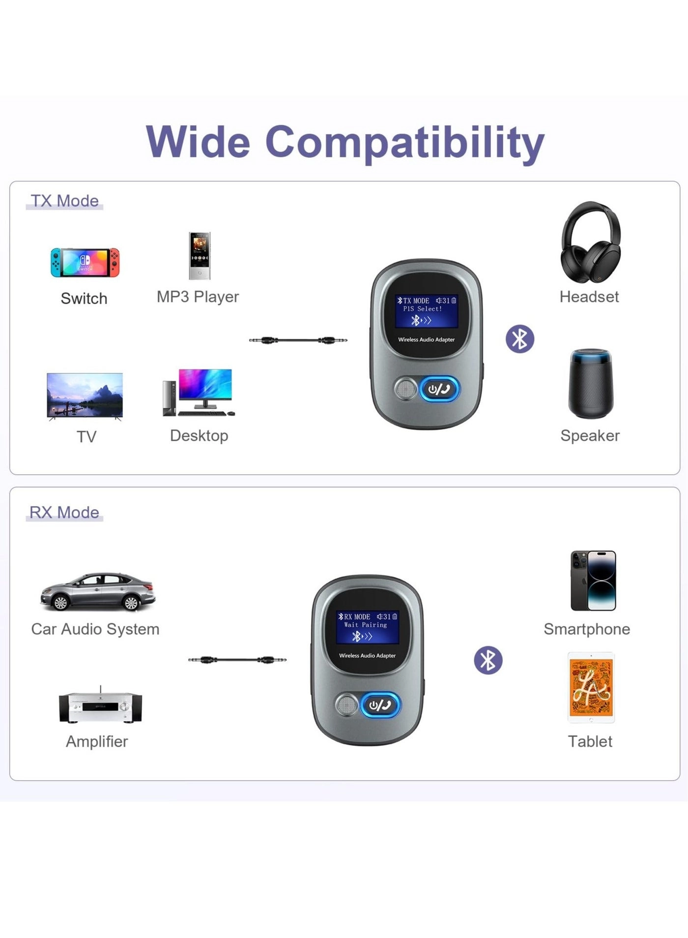 Bluetooth AUX Adapter - 5.3 3.5mm 22H Battery Life