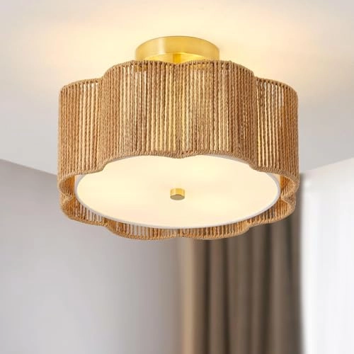 LED Rattan Farmhouse Chandelier - 3-Light Semi Flush Mount 33.5cm