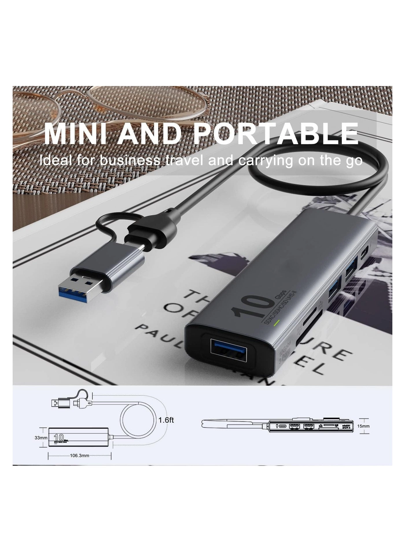 USB C USB HUB - USB 3.2 GEN 2 10G UHS-II SD Card Reader 3 USB A Ports