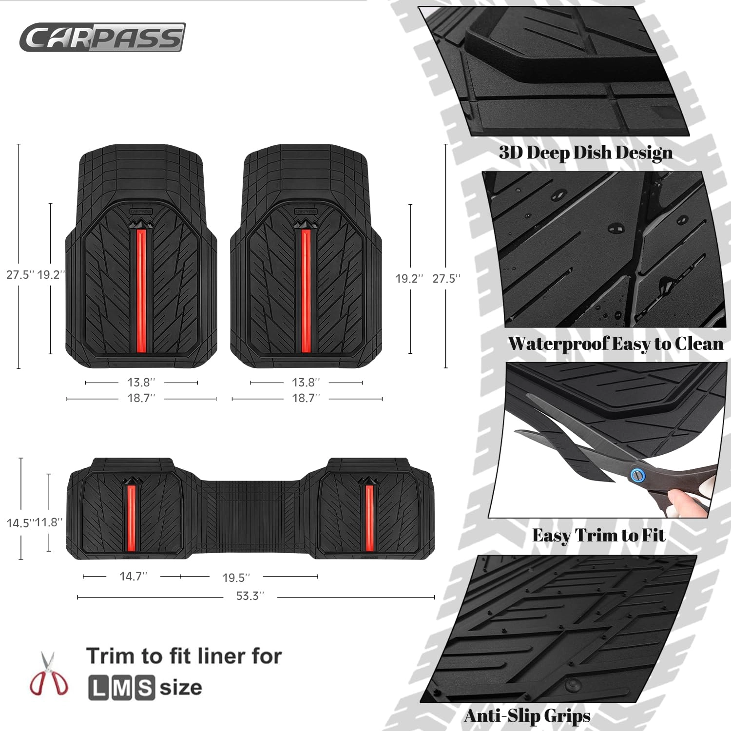 Rubber Floor Mats - All Weather Trim-to-Fit 3-Piece