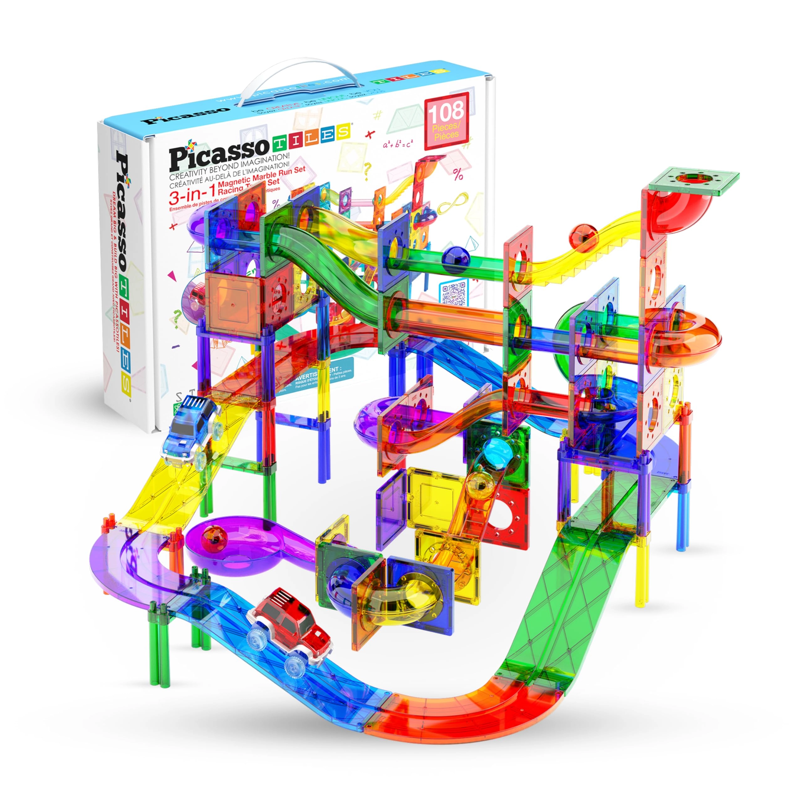 PicassoTiles Marble Run Car Race Track Combo - 108pcs